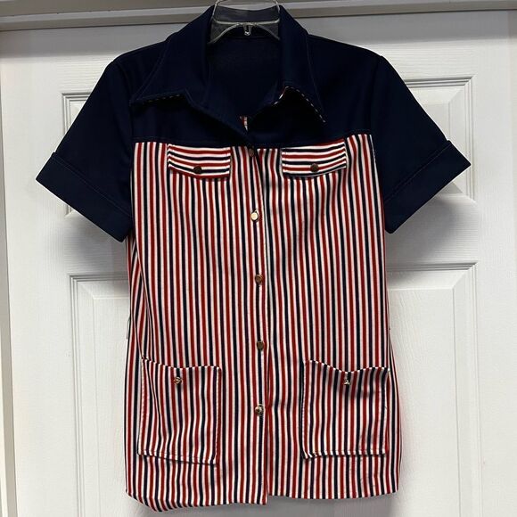 Vintage Tops - Vintage 1960’s Red White & Blue Stripe Polyester Button Down Shirt sz M